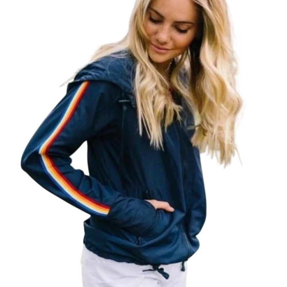 Zyia Active Women’s  Blue Hooded Windbreaker Jacket Rainbow Large